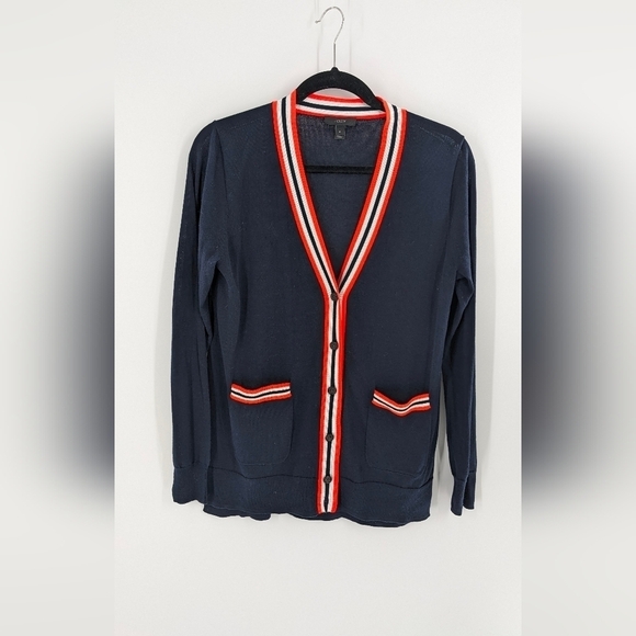 J Crew Navy Neon Stripe Cotton Blend  Lightweight Cardigan Size S - Picture 1 of 4